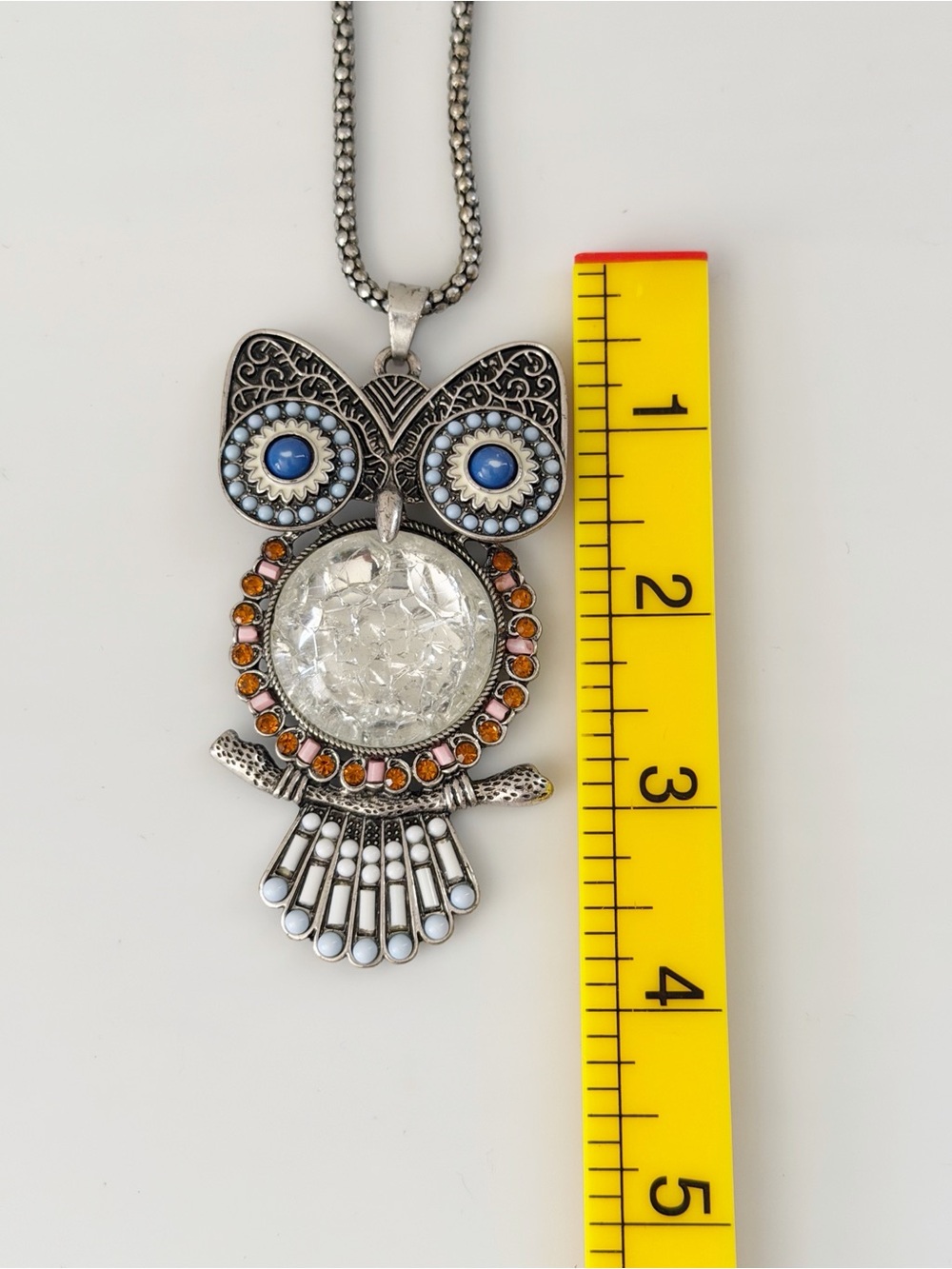 Lane Vintage Long Silver Tone Rhinestones Beaded Owl Pendant Necklace - Picture 9 of 12